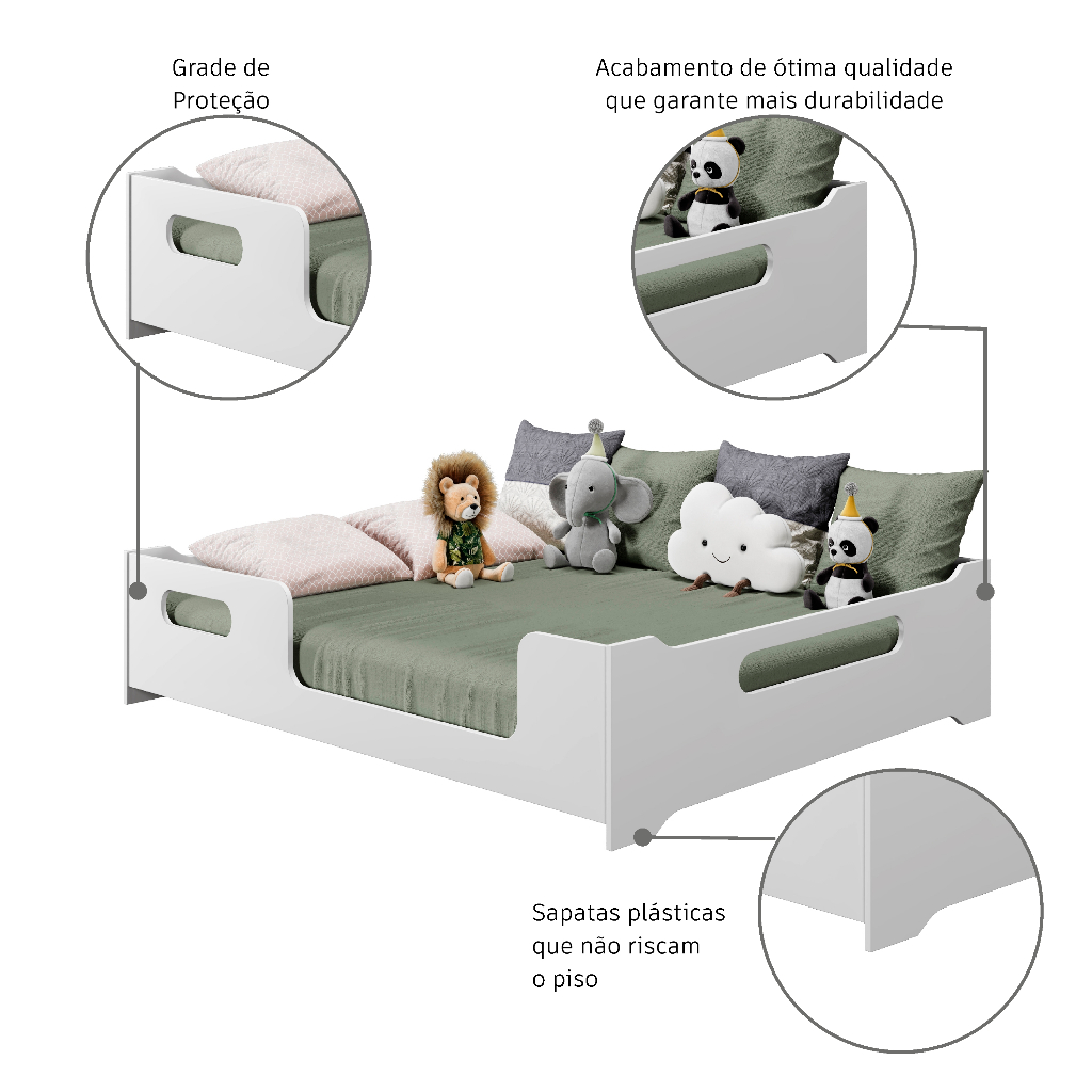 Cama Casal Montessoriana De Crianças Com Grade De Proteção Quarto Infantil E Espaçosa Para