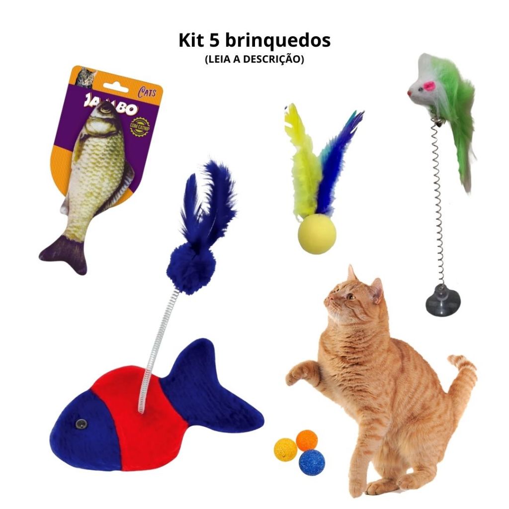Pet Brinquedo Para Gato set 5 Peças  Vara De Pelúcia Rato Peixe de pelúcia e outros