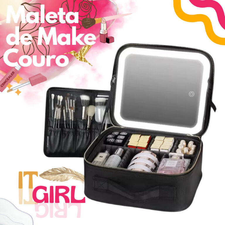 Maleta de Maquiagem Preta Espaçosa de Couro com E