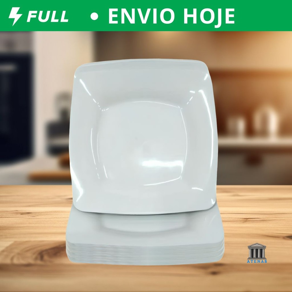 Kit Prato Liso com Borda Branco Refeição Churrasco Festa Pratos Plastico Quadrado Branco Preto