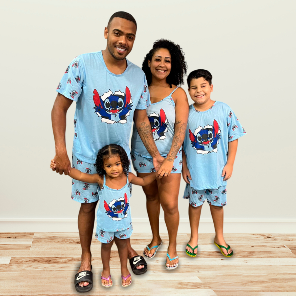 Kit Pijama Família Stitch Estampado Combinando Verão Estampas Divertidas Fofas Conforto Premium