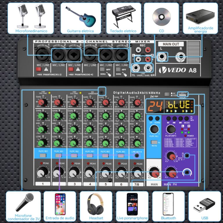 TEYUN 8 Canais Mesa De Som Profissional Mixers Som