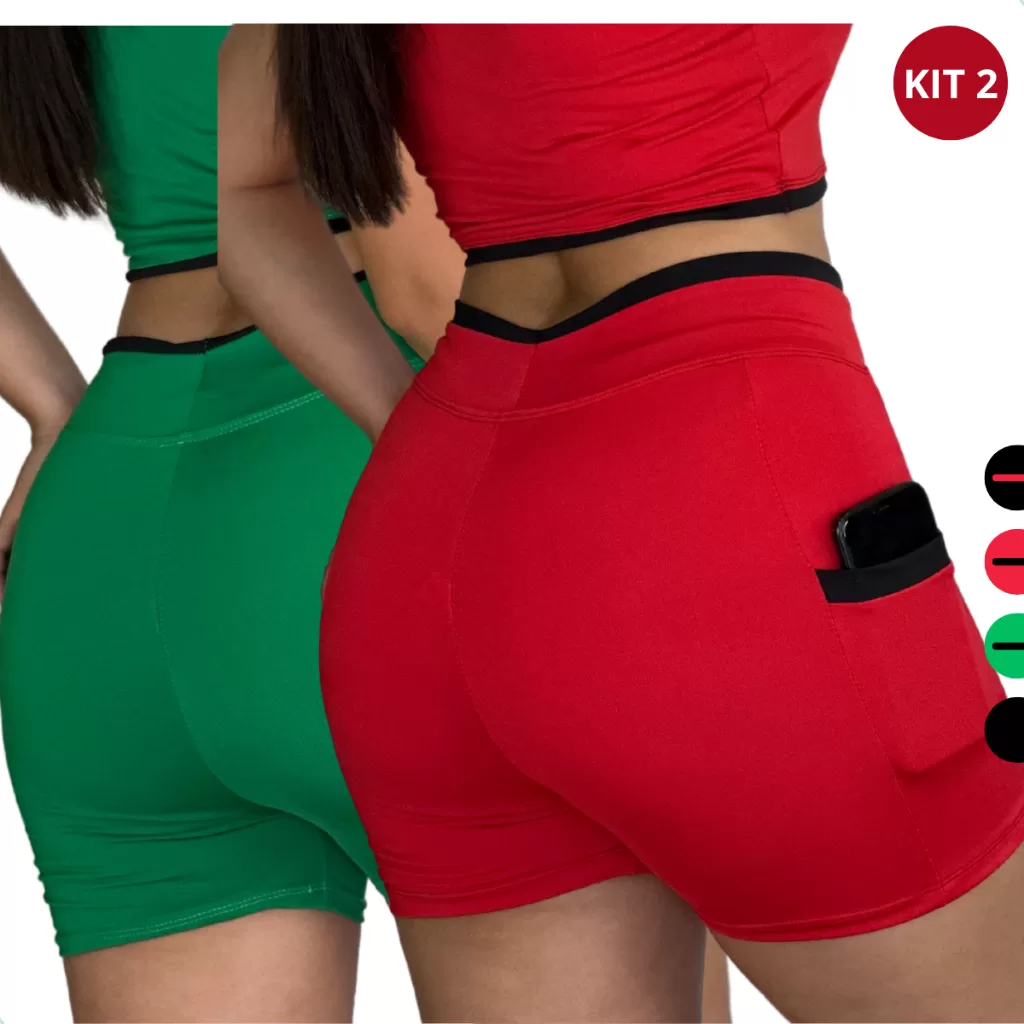Kit 2 Short Feminino Suplex com Bolso Lateral para Celular  Fitness e Conforto