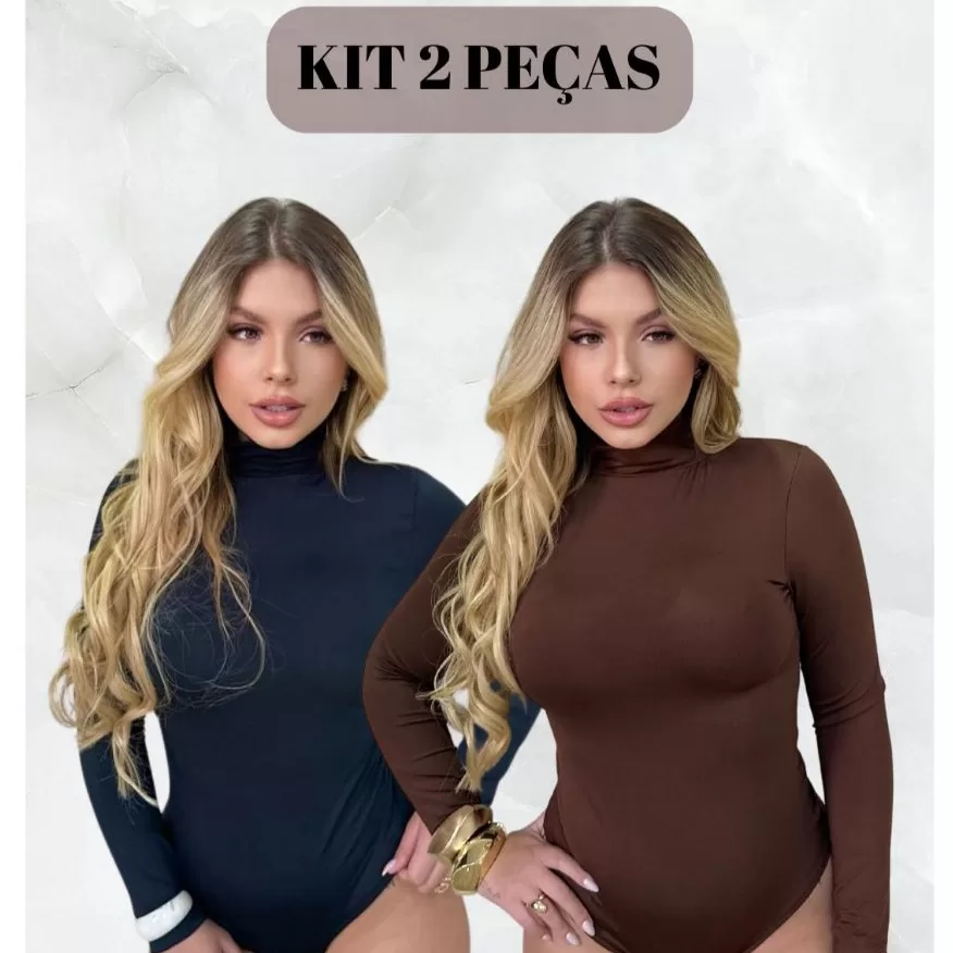 Kit 2 Body Feminino Gola Alta Manga Longa Suplex Inverno Frio Casual Elegante Moda Blogueira
