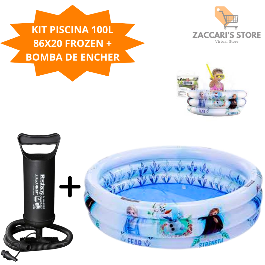 Kit Piscina 100 Litros Frozen De 3 Aneis + Bomba De Encher Para Crianças Alegria