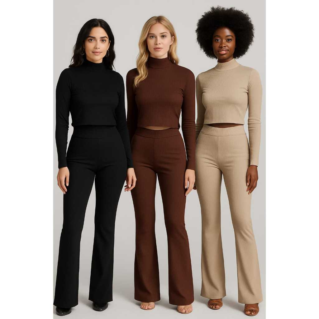Conjunto Canelado Feminino Calça Flare Cintura Alta + Cropped Manga Longa e Gola Alta Moda Blogueira