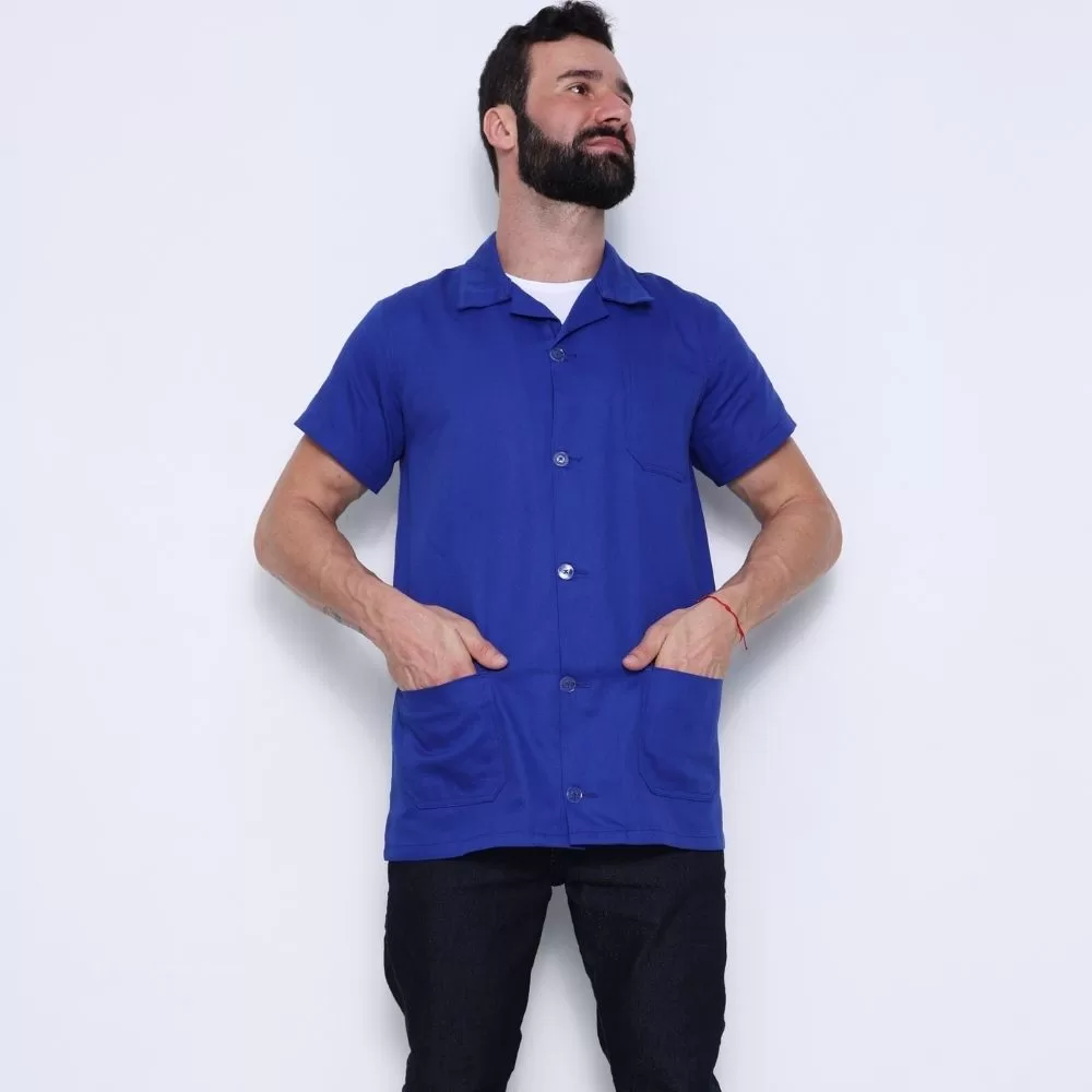 Jaleco Guarda Pó Brim Resiste Revenda Trabalho, Serviço Manga Curta Uniforme Profissional Masculino