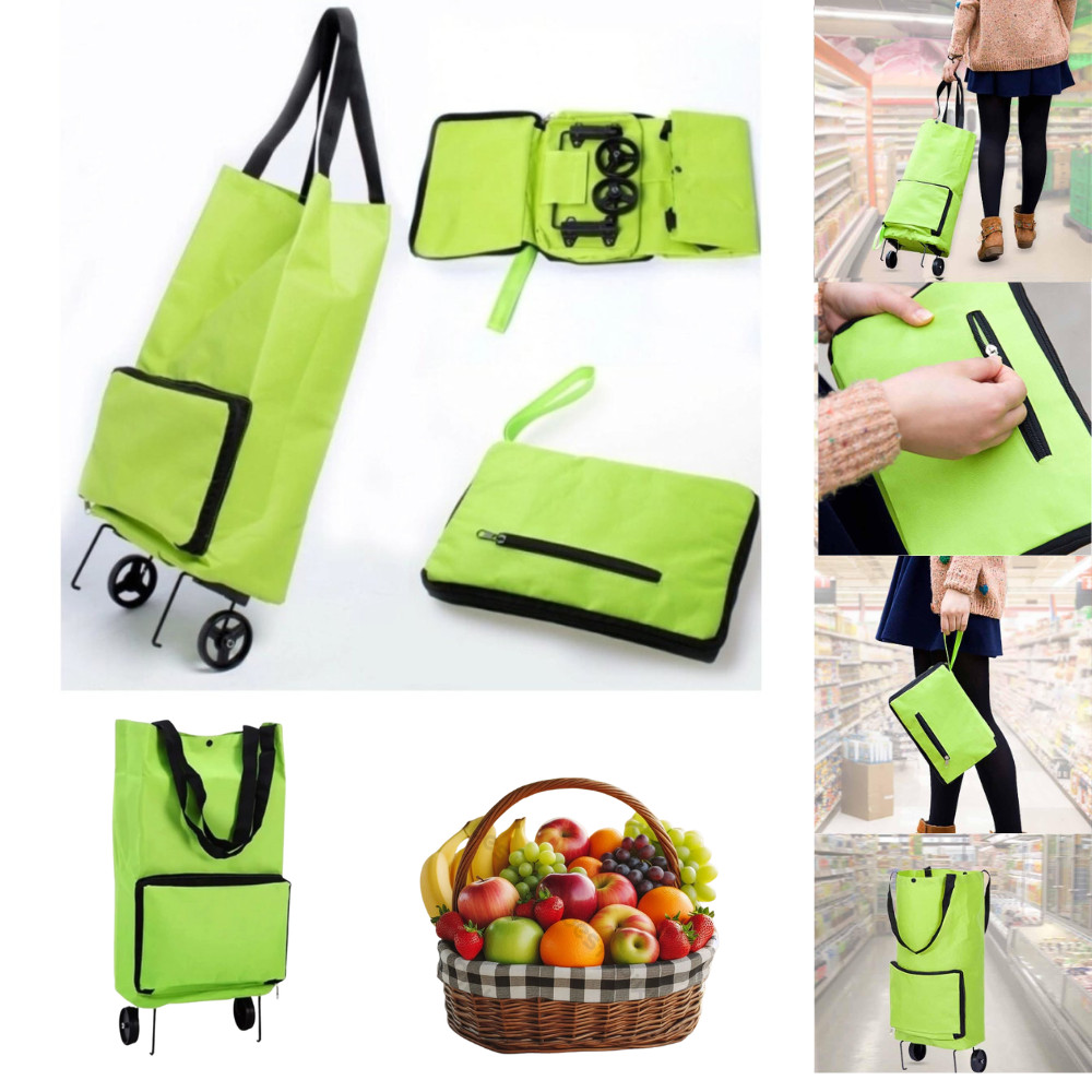 Sacola para Compras Multiuso Carrinho De Feira Supermecado Dobrável com 2 Rodas 10kg Verde