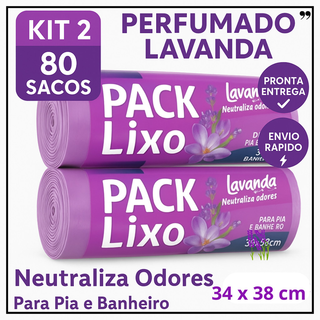 Sacos de Lixo Perfumados Lavanda | Kit 2 com 80 Sacos | Para Pia e Banheiro | 34x38cm | Neutraliza O