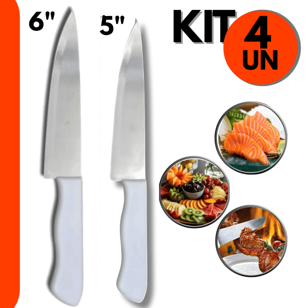 Kit 4 Facas Peixeira Inox Profissional  6 5 Cabo Branco Para Cozinha e Churrasco