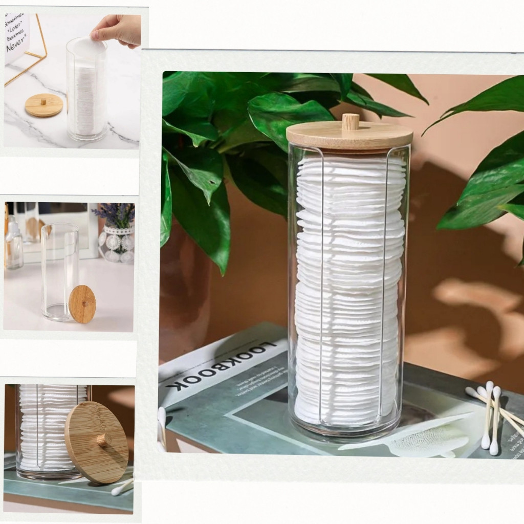 Suporte Porta Algodão em Acrílico Limpeza De Pele com Tampa de Bambu