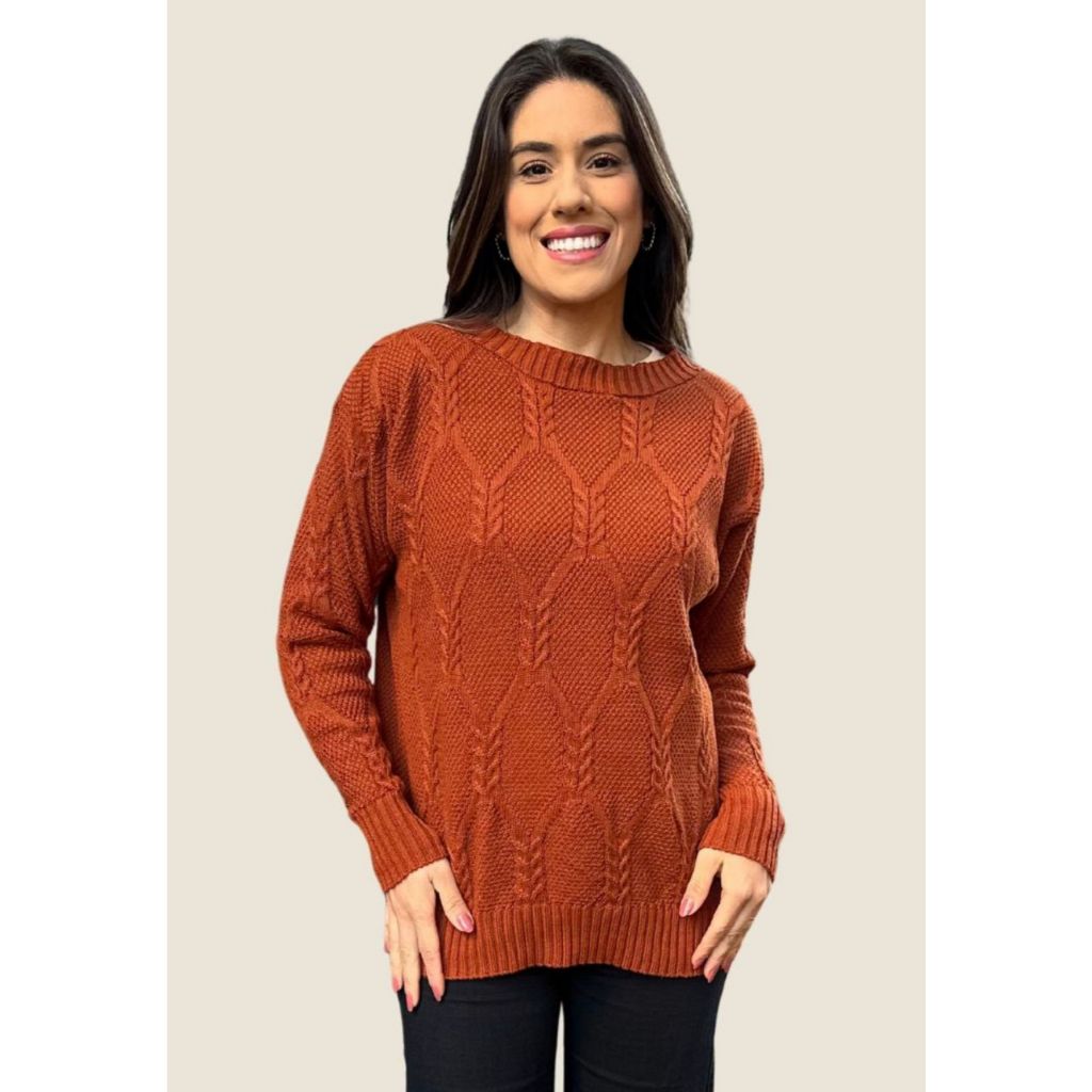 Blusa de Frio Feminina Manga Longa em Tricot Estampado Colmeia Trançada Nagai