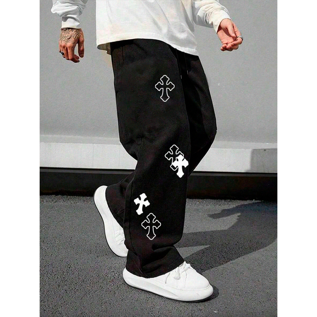 Calça Reta Moletom Baggy Masculino Cruz Streetwear 100% Algodão Feminino Unissex Estilo Urbano Rua