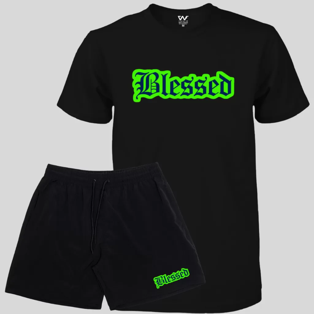 Conjunto Camiseta Masculina Blessed Algodão + Short Masculino com Elastano Lançamento
