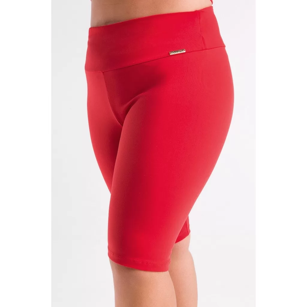 Bermuda Feminina Lisa Vermelha Suplex Moda Fitness Ciclista Não Transparente Cintura Alta Plus Size