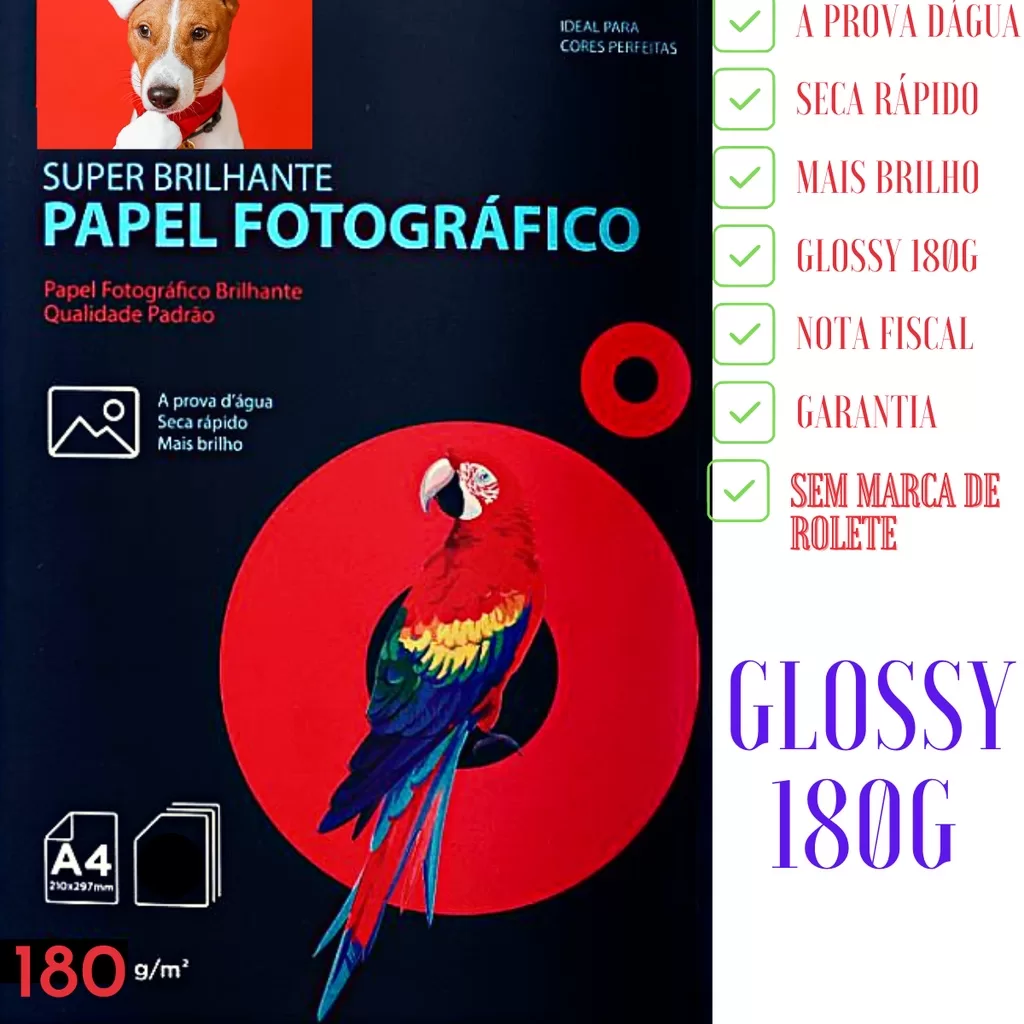 Papel Fotográfico 180g Glossy Brilhante A4 Premium A prova dágua para Jato de Tinta