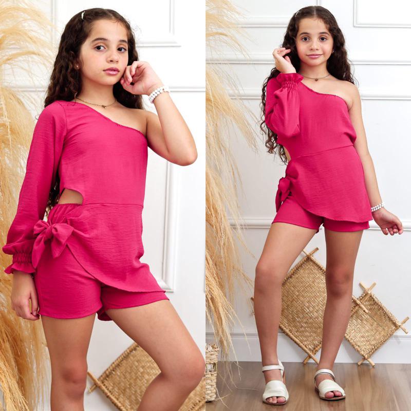 Macaquinho Infantil Manga Mula Macacão de Laço Luxo Mini Diva