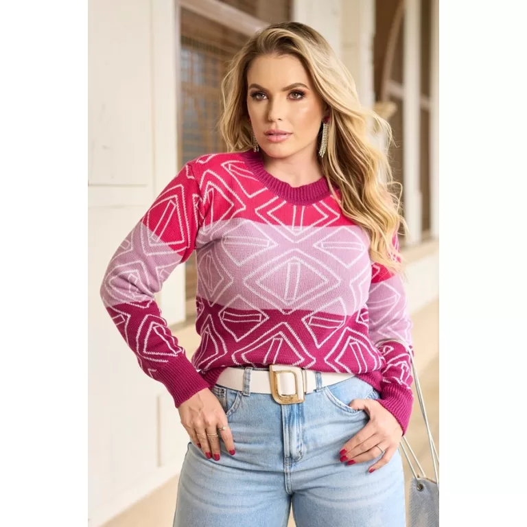 Blusa de Frio Feminina Tricô Geometrica Manga Lon