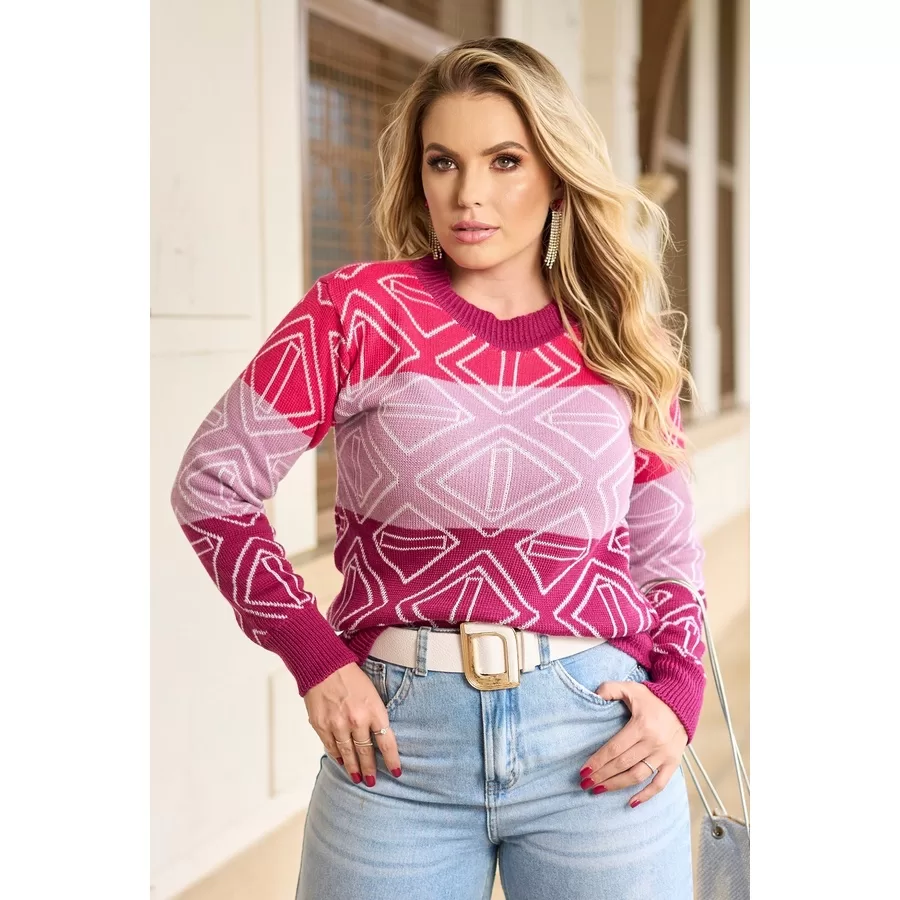 Blusa de Frio Feminina Tricô Geometrica Manga Longa Básica Casual