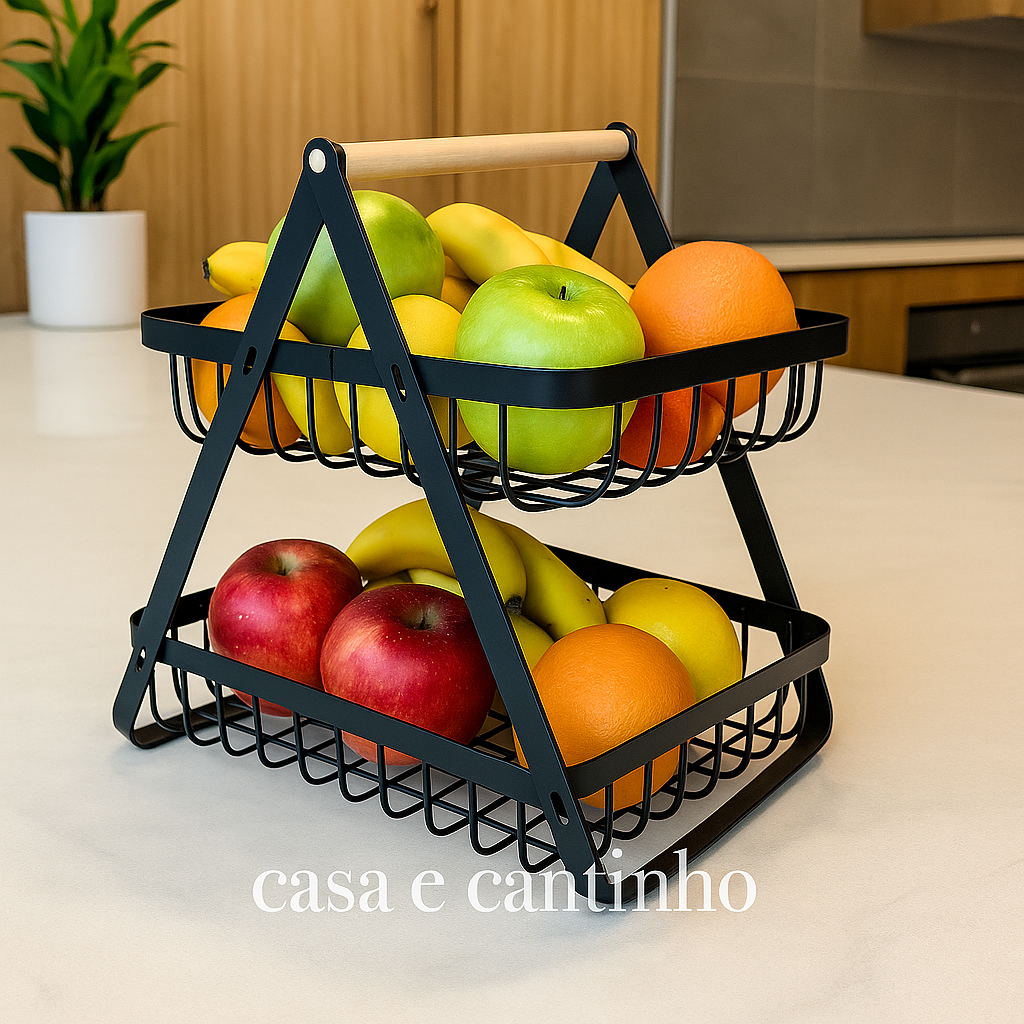 Fruteira de Mesa 2 Andares Ferro e Bambu para Café da Manhã Multiuso de Metal Preto Cesto Organizdor