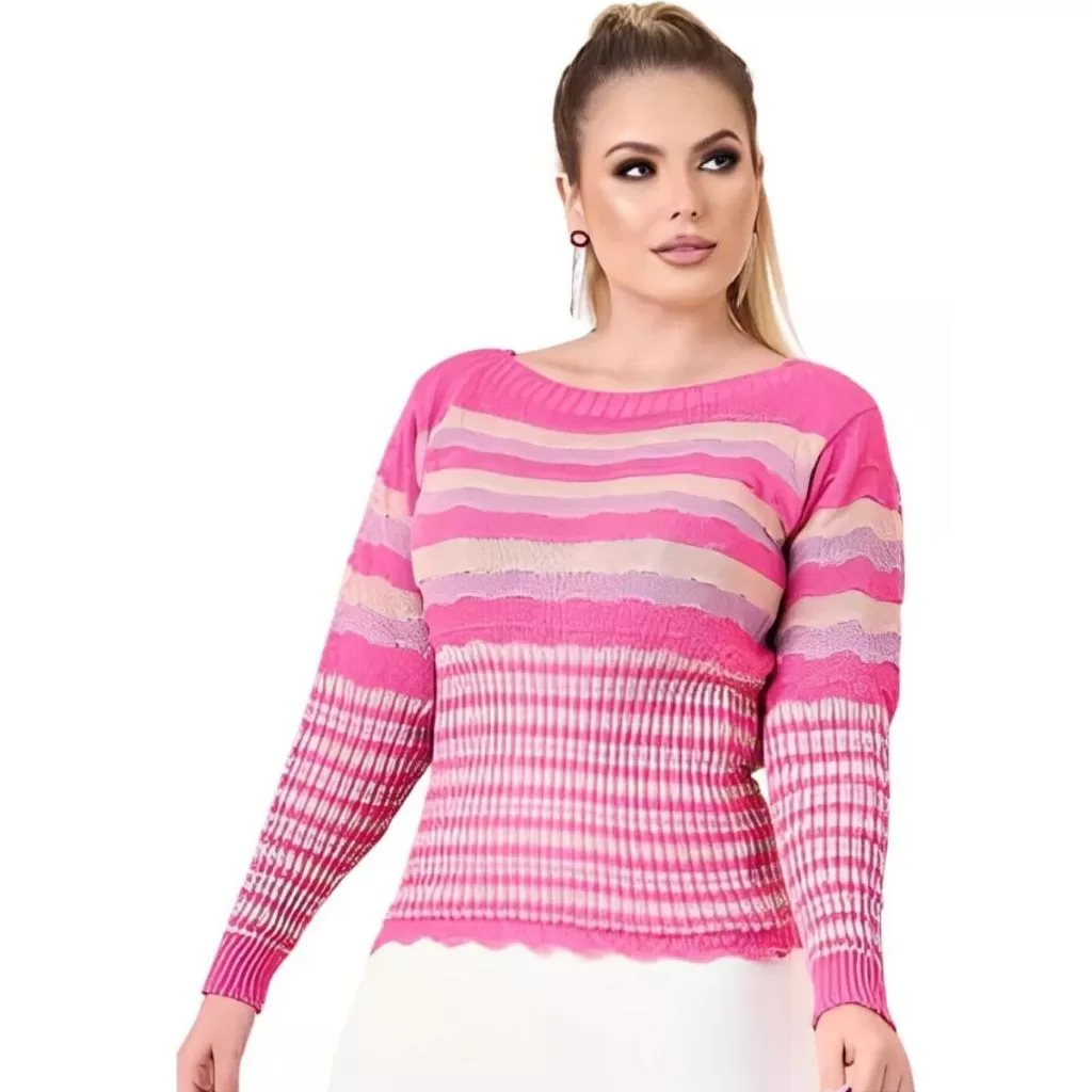 Blusa de Frio de Trico Gola Canoa Feminina Inverno Listrada Manga Longa Básica Casual