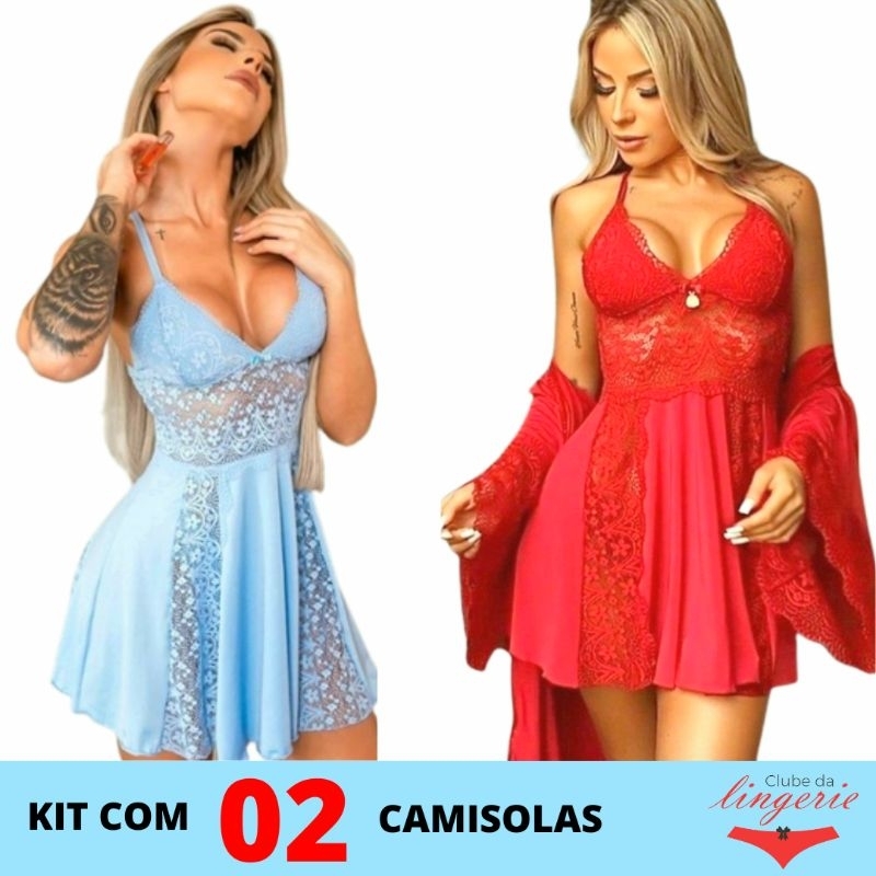 Kit 02 Camisola Sensual Bonita Rendada Em Microfibra Cruzada Nas Costas