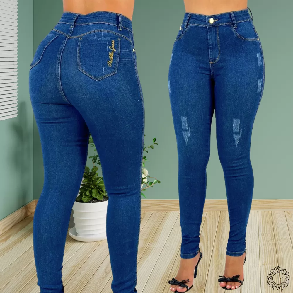 Calça Jeans Feminina Skinny Puido Elastano Cintura Alta Efeito Levanta Bumbum