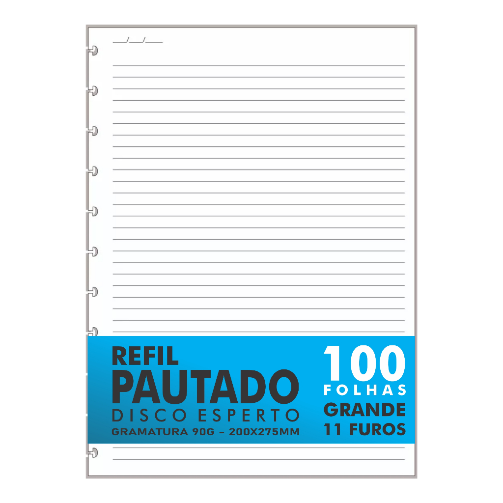 Refil Genérico Compatível Caderno Discos / Inteligente com Pauta 100 Folhas Grande 11 Furos 90g