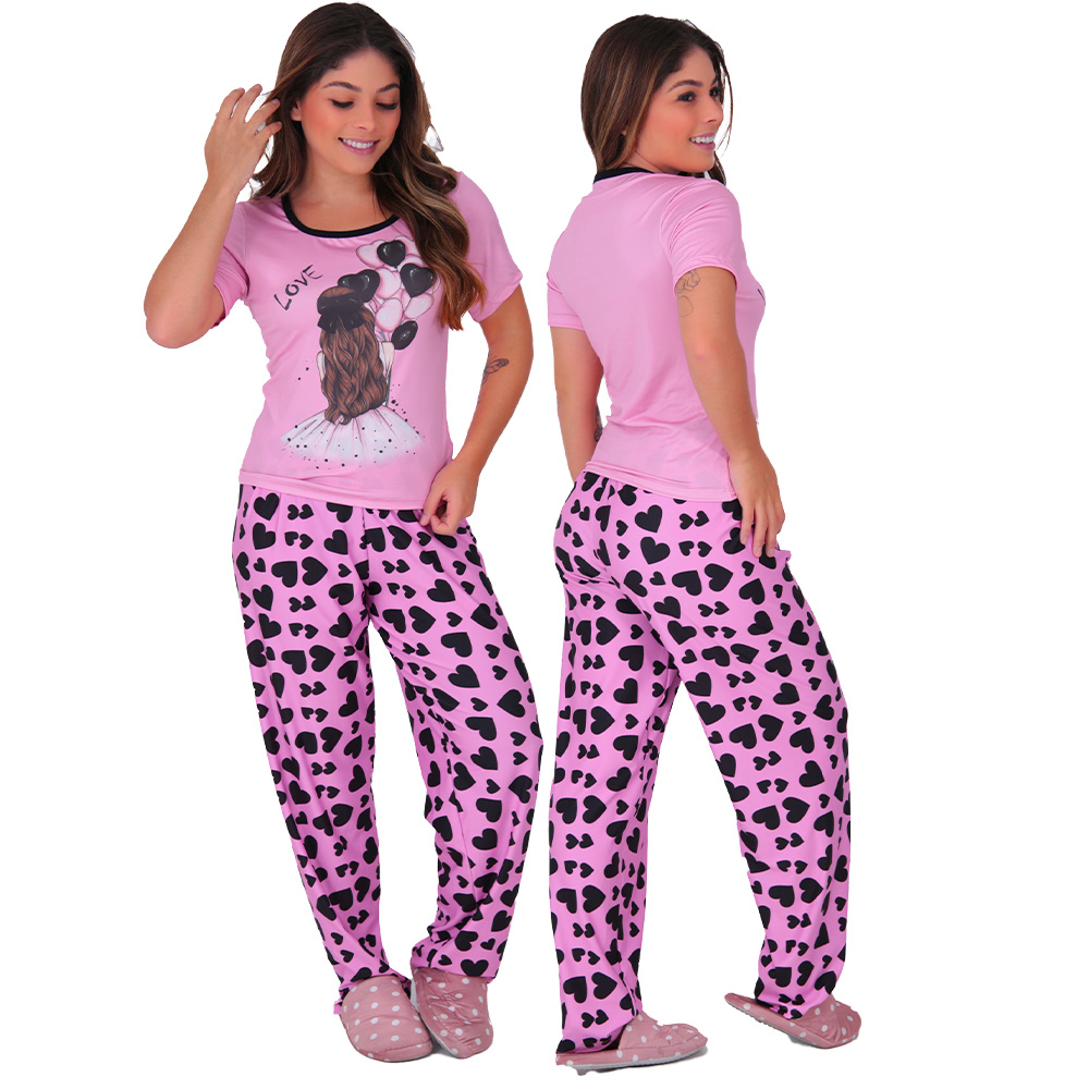 Pijama Feminino Manga Curta Calça Comprida Virginia Moda Feminina