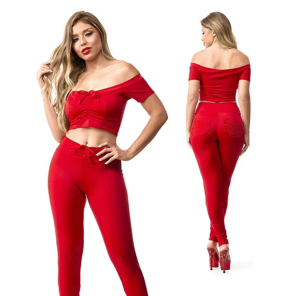 Conjunto Sensual com Calça Sensual Sexy Levanta Bumbum e Cropped Vermelho