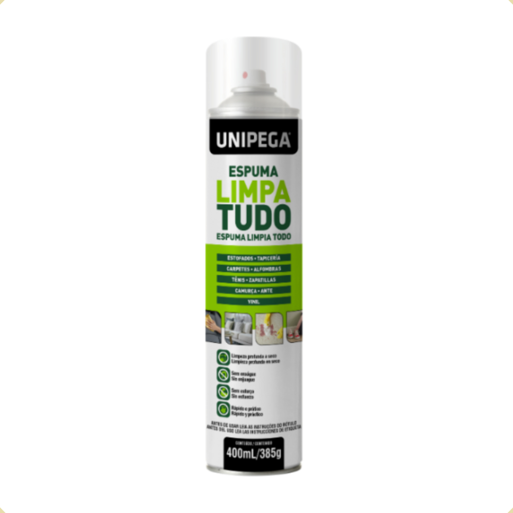 Espuma Limpa Tudo Estofados Carpetes Tênis Camurça Kit Unipega 400ml