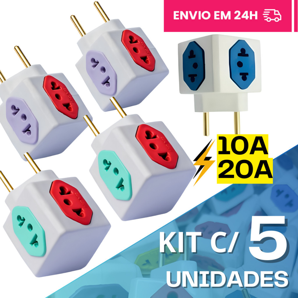 Adaptador de Tomada Benjamin CUBO 10A/20A Pino Maciço Resistente 4 Tomadas Colorida