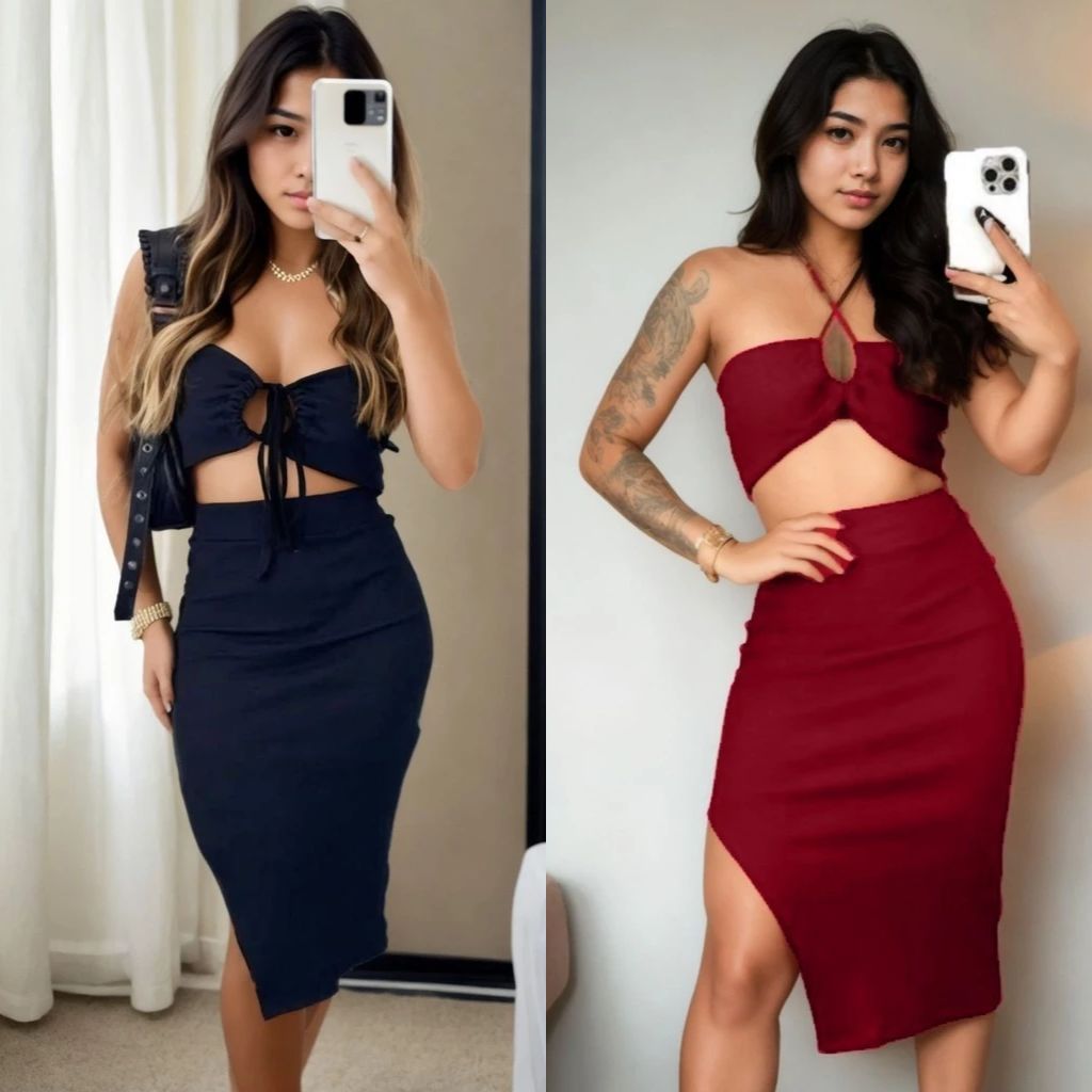 Conjunto Saia Midi e Top Tricot Com Fenda Lateral Casual Praia Verão