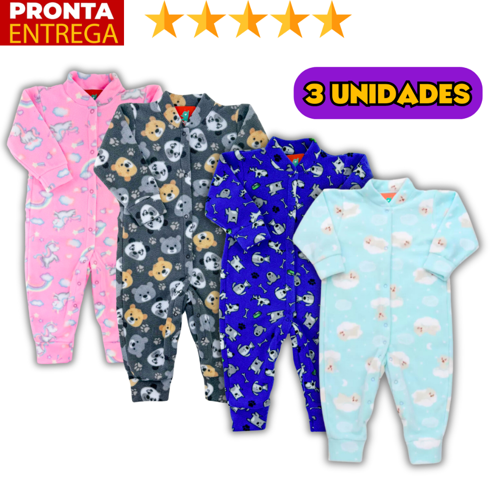 Kit 3 Macacão Soft De Bebê Com Botões Enxoval Infantil
