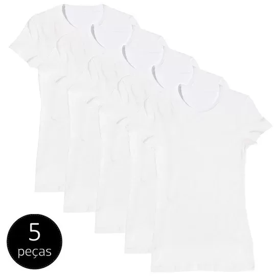 Kit com 5 Baby Look Femininas Gola Rendonda Branca