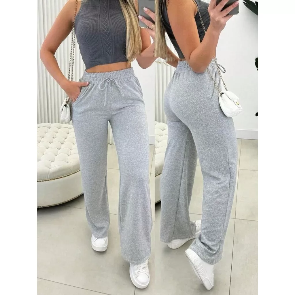 Calça pantalona de lazinho feminina cintura alta com bolso pra inverno