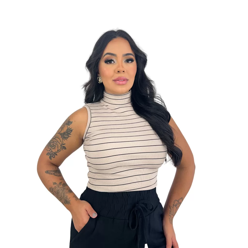 Blusa Cropped Paty Regata Feminino Gola Alta Malha Canelado