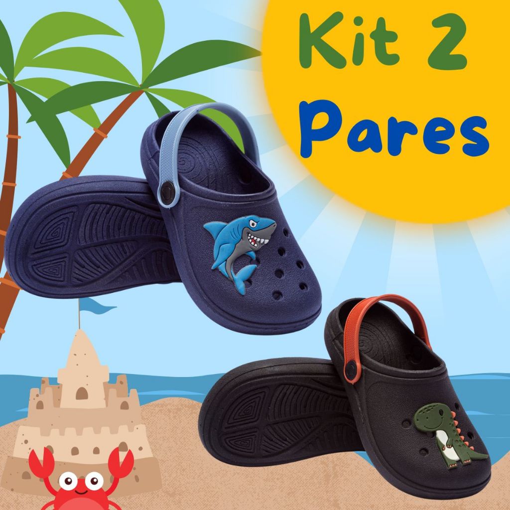 Kit 2 Babuche Infantil Menino Casual Enfeite Tubarão Surfista + Dinossauro Super Macio Confortável