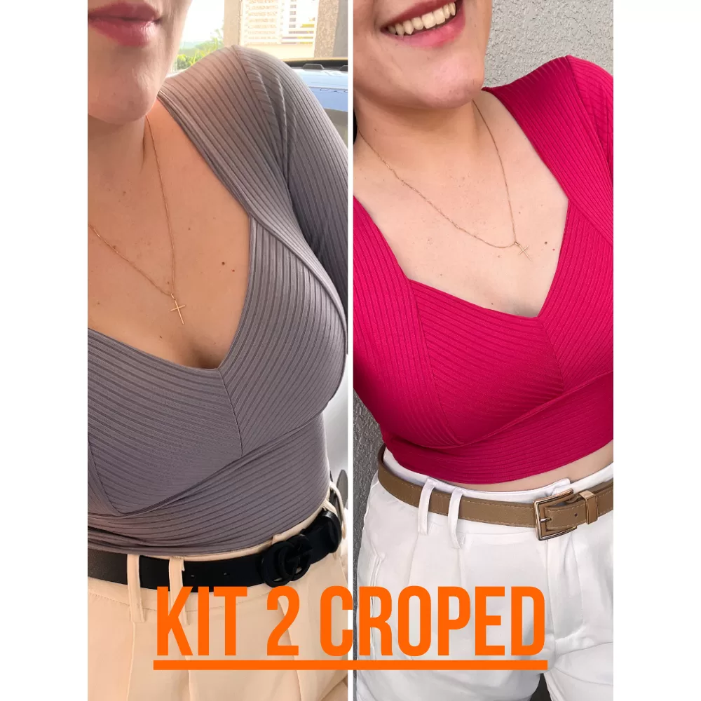 Kit 2 Blusa Cropped Feminina Gola V Manga Longa Canelado Meia Estacao Outono Inverno Tendencia