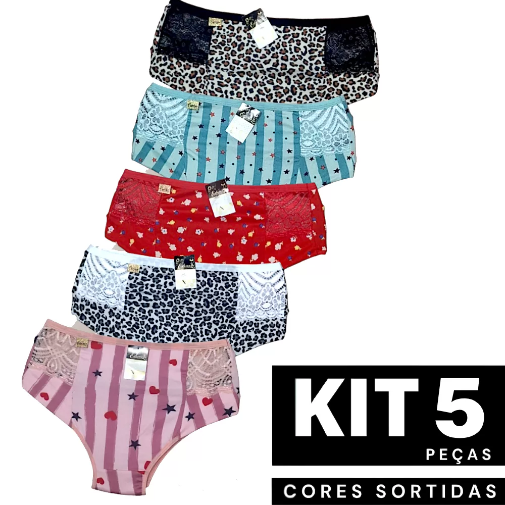 Kit 5 Calçolas Confortável Estampada Com Laterais Rendadas Romantic Lingerie Feminina Barata