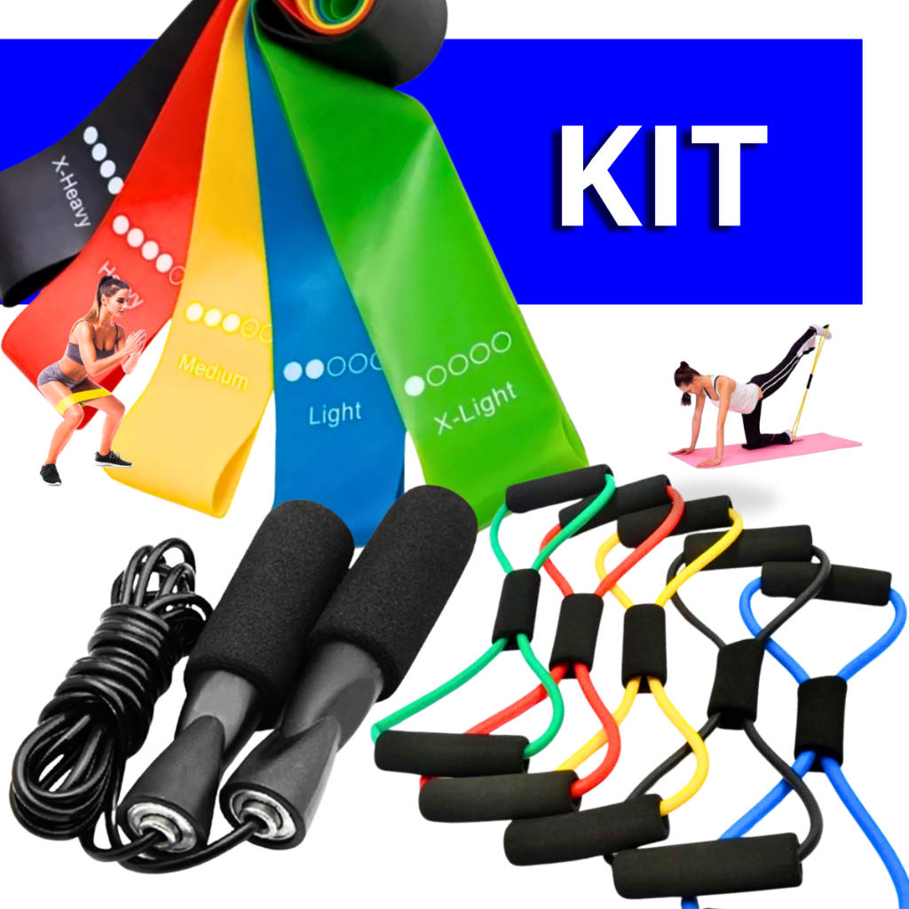 Kit Treine Em Casa Completo Elástico Extensor Cross Tube + Corda de Pular + Kit com 5 Faixa Mini Ban
