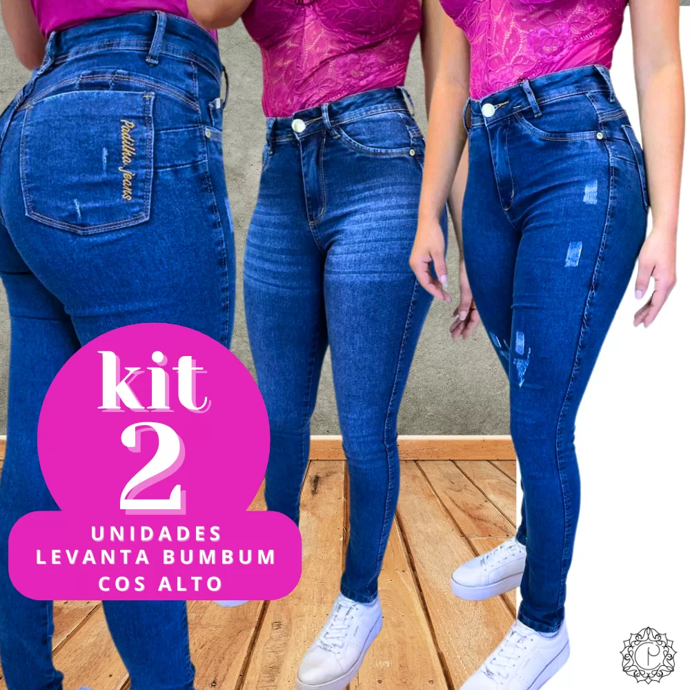 Kit 2 Calças Jeans Feminina Skinny Bigode e Puido com Elastano Cintura Alta Efeito Levanta Bumbum