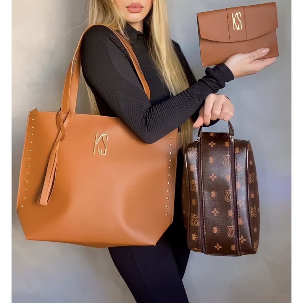 Kit Bolsas Feminina Bolsa Sacola Tote + Necessaire Grande + Porta Documento Faculdade/Trabalho