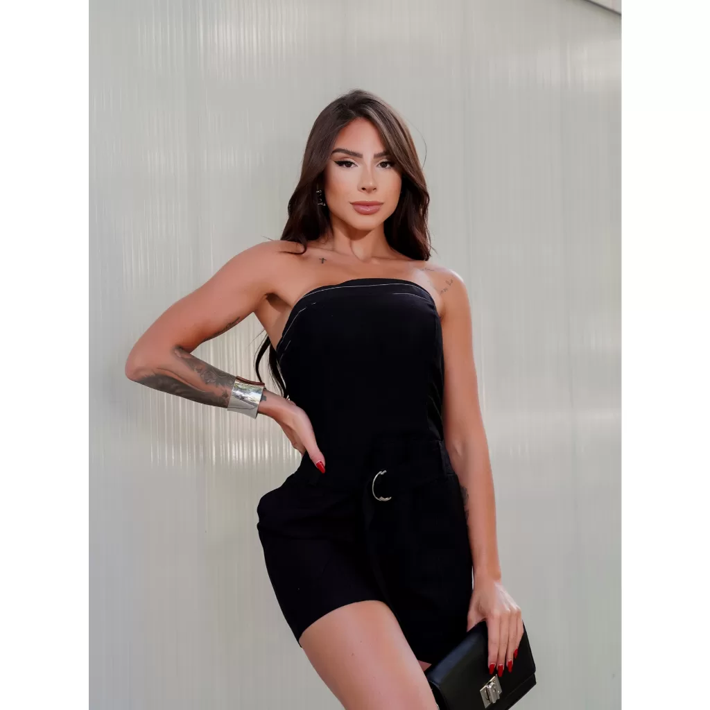 Macacão Curto Feminino Tomara Que Caia Com Cinto S9739