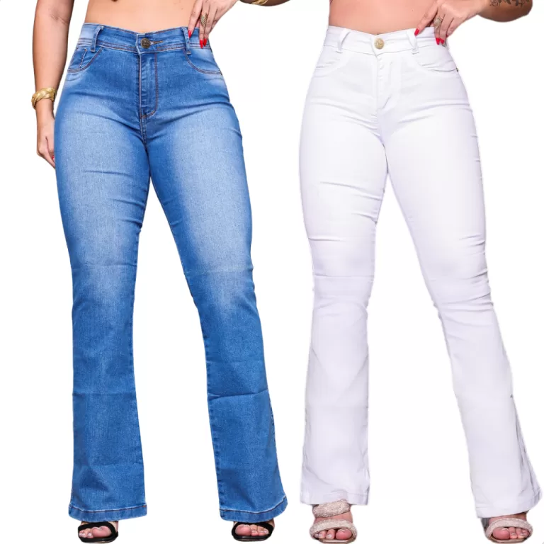 Kit 2 Calças Jeans Feminina Flare Wide Leg Lycra 