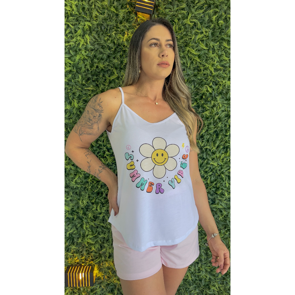 Pijama Feminino Adulto Alça Moda Short Doll Curto De Verão