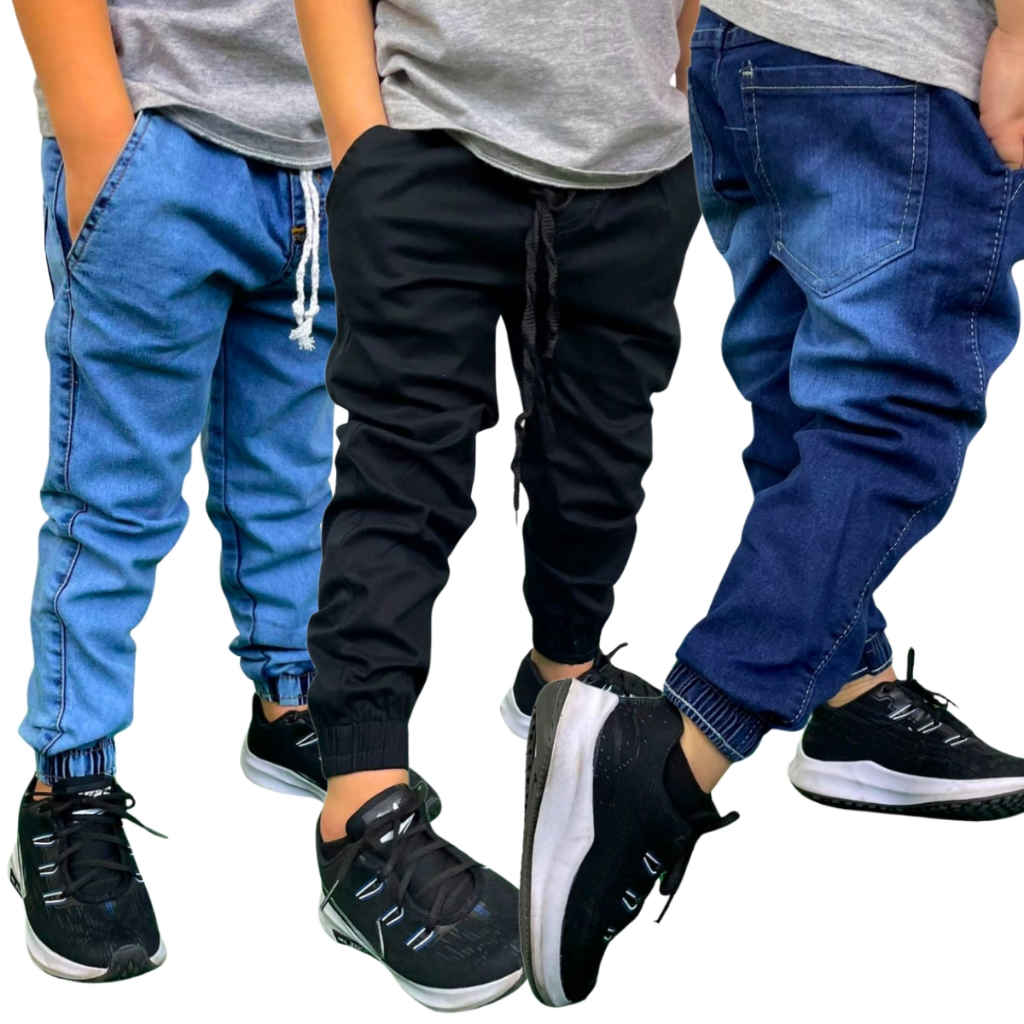 Calça Jogger Infantil Juvenil Menino Jeans e Sarja com punho elastico Confortável moda infantil casu