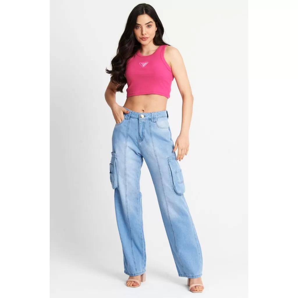 Calça Jeans Feminina Cargo Mari Planet Girls Azul Médio