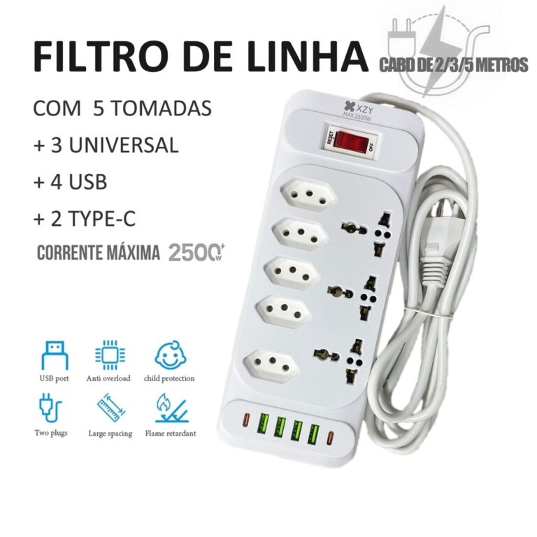 Régua Filtro de Linha com 8 Tomadas Extensão El
