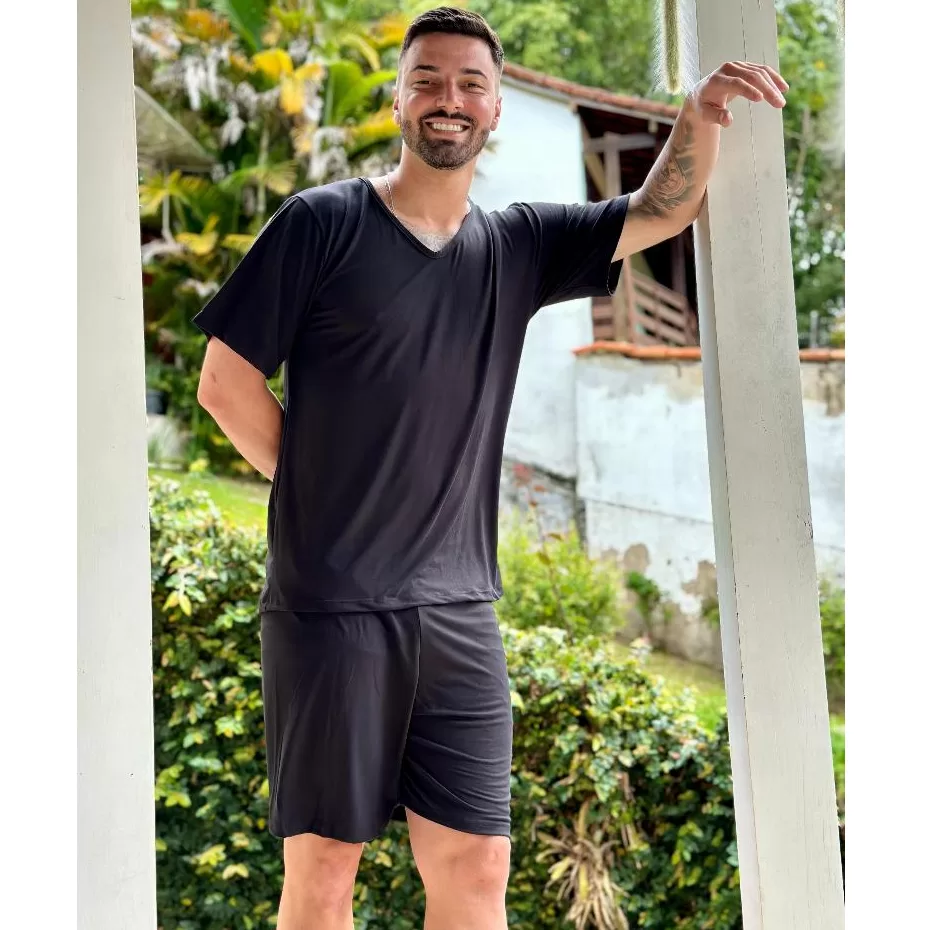 Pijama Masculino Manga Curta Short Linha Noite em Malha